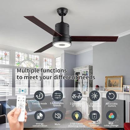 52 Inch Ceiling Fan with RGB Dimming LED Light,with Music Bluetooth Speaker,with Remote Control,3-Speed Regulation, Reversible Motor,Timing,for Living Room,Bedroom,Restaurant,Outdoor