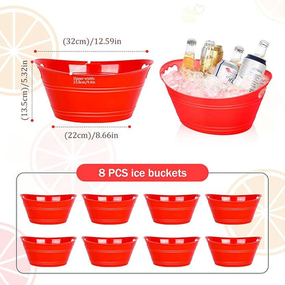 8Pcs Ice Bucket, Plastic Ice Buckets for Parties, Drink Buckets with Handles Beverage Buckets Oval Storage Plastic Tub for Wine Beer Champagne Bottles, 4.3Liter (set-3-red)