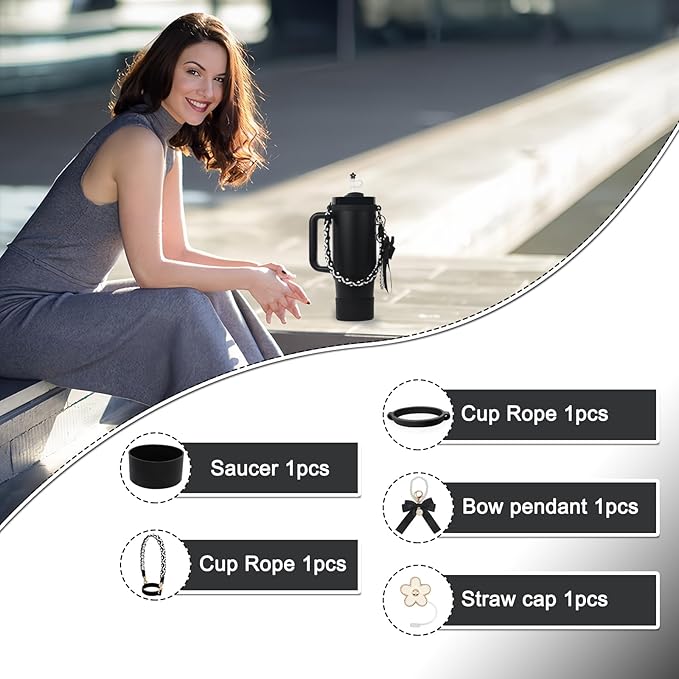 BELSITA Stanley Cup Accessories Set, Bow Pearl Chain Braided Design Water Bottle Handle Strap, Silicone Stanley Cup Boot, Stanley Charms for Stanley Cup 30/40oz Tumble (Black)