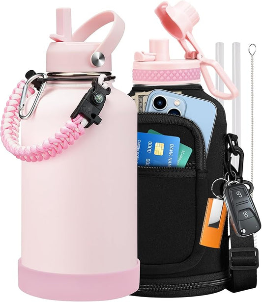 64 oz Insulated Water Bottle - Stainless Steel (Cold 48H), Leak Proof & BPA-Free Half Gallon Water Jug with Paracord Handle, Straw Spout Lids, Carrier Case, Metal Flask for Women Gym School, Pink