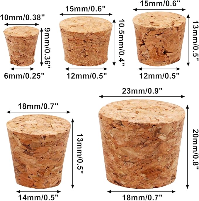 60Pcs Cork Stoppers, 5 Sizes Assortment Small Corks Tapered Cork Plugs Replacement Wooden Bottle Corks Bottle Stopper Wine Cork for Craft Jars Wine Bottles