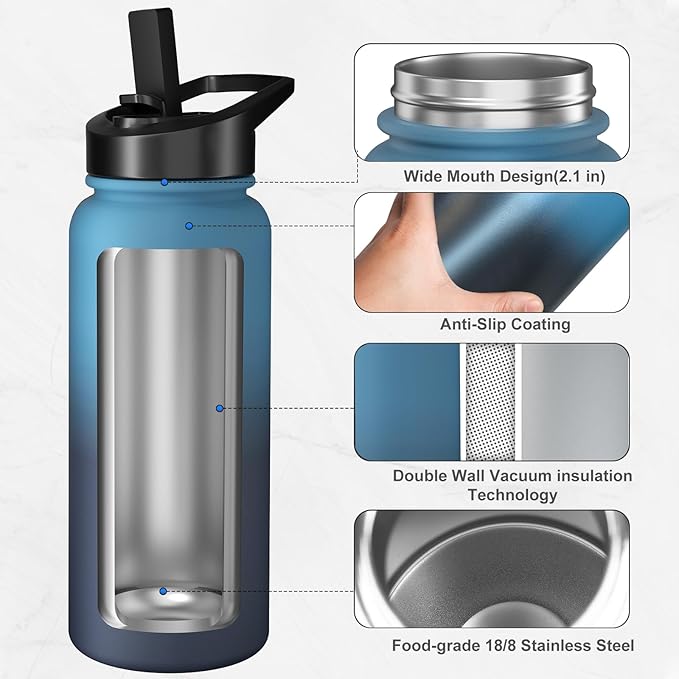 40oz Insulated Water Bottle with 3 Lids(Straw, Hand and Spout Lid), Double Vacuum Stainless Steel Metal Water Flask(BPA-free, CPC) for Sports, Camping, Hiking, Cycling, Fitness and more(Indigo Black)