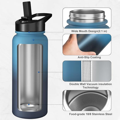 40oz Insulated Water Bottle with 3 Lids(Straw, Hand and Spout Lid), Double Vacuum Stainless Steel Metal Water Flask(BPA-free, CPC) for Sports, Camping, Hiking, Cycling, Fitness and more(Indigo Black)