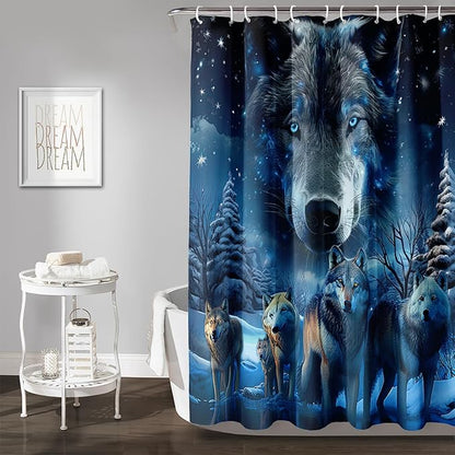 AILONEN 3D Howling Wolf Shower Curtain for Bathroo,Night Galaxy Starry Wolf Safari Animal Print Boys Teen Decor Bath Curtain 72" W*96" H Polyester Fabric Waterproof Bathroom Curtain with 12 Hooks