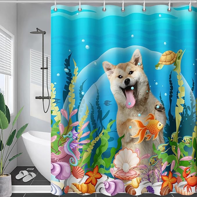 AILONEN Cute Dog Shower Curtain for Boys Girls, Pet Puppy Dog Lover Shower Curtain, 48" W*72" H Waterproof Animal Turtle Fish Ocean Themed Shower Curtain Decor Bathroom with Grommets and Hooks