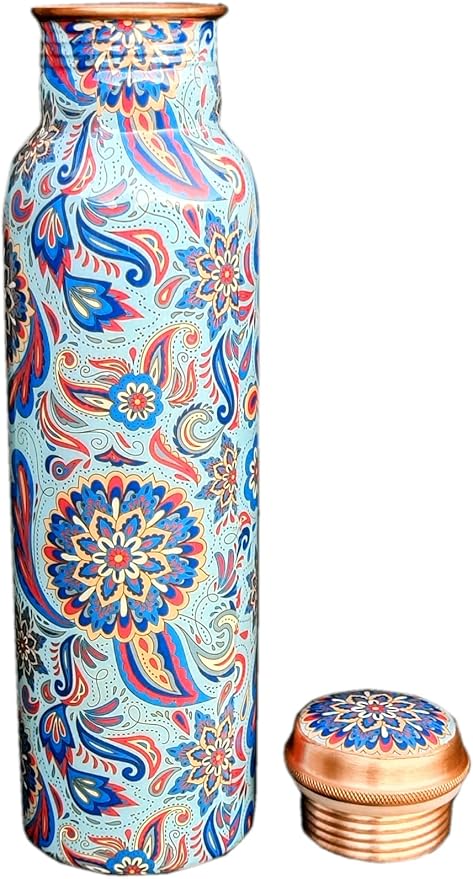 Copper Ayurveda Copper Water Bottle for Drinking – Travel Water Bottle for Gym, Yoga, Office, Hiking, Outdoor – with Lid (Yellw Pink floral) (Blue Meena)