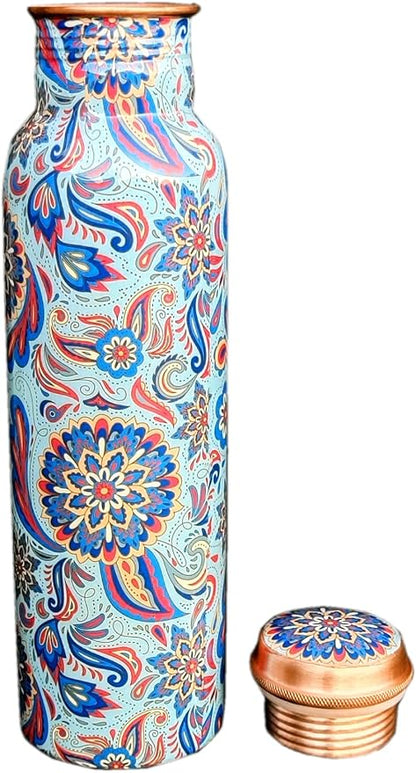 Copper Ayurveda Copper Water Bottle for Drinking – Travel Water Bottle for Gym, Yoga, Office, Hiking, Outdoor – with Lid (Yellw Pink floral) (Blue Meena)