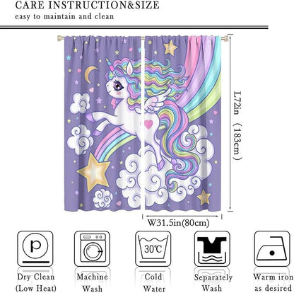 Kids Unicorn Curtains Purple Cartoon Rainbow Cartoon Room Blackout Curtains Boys Girls Baby Room Decor Curtains Living Room Decor 63x72 Inch 2 Panels