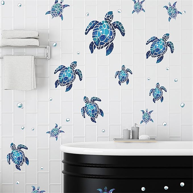 Waterproof Removable Watercolor Turtles Vinyl Wall Decal for Nursery Kidsroom School Classroom Livingroom Bedroom Bathroom Sea Life Sticker in Coastal Ocean Theme