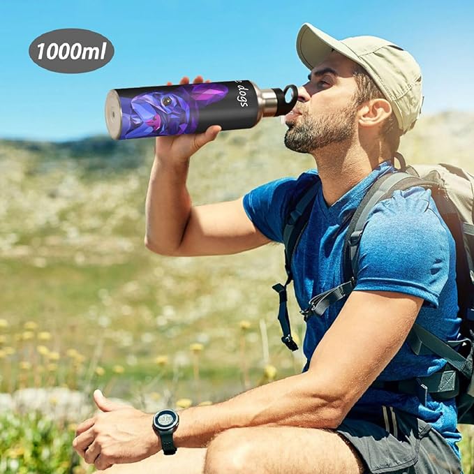 ALAZA Dog Cute Pet Animal Bulldog Water Bottle With Straw Lids Boys Girls,Vacuum Insulated Leakproof Stainless-Steel Sports Bottle Thermal Flask For Gym Yoga Camping,34Oz (1000Ml)