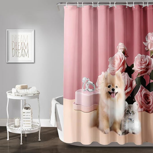 AILONEN Girls Pink Shower Curtain for Bathroom, Rose Flower and Cute Kawaii Dog Cat Pattern Bathroom Decor 36" W*72" H Bath Curtain Polyester Waterproof Shower Curtain with 12 Hooks