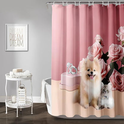 AILONEN Girls Pink Shower Curtain for Bathroom, Rose Flower and Cute Kawaii Dog Cat Pattern Bathroom Decor 72" W*84" H Bath Curtain Polyester Waterproof Shower Curtain with 12 Hooks