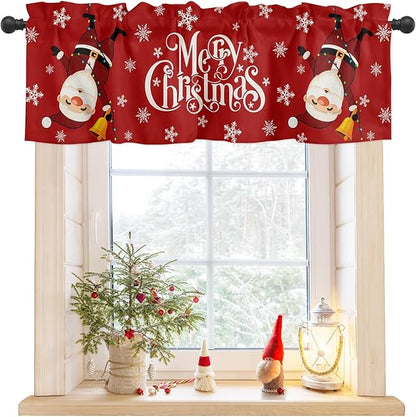 Red Merry Christmas Valance Curtains for Kitchen Windows Funny Hanging Santa Rod Pocket Window Treatment Toppers for Kitchen/Living Room/Bedroom/Bathroom, 42" X 12", Snow Winter Holiday