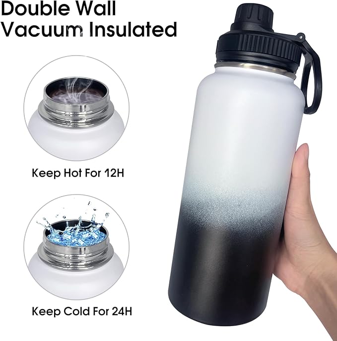 4pack 32 oz Insulated Water Bottle With Straw, Stainless Steel Sports Water Cup Flask with 2 Lids, Wide Mouth Travel Thermal Mug,Black white