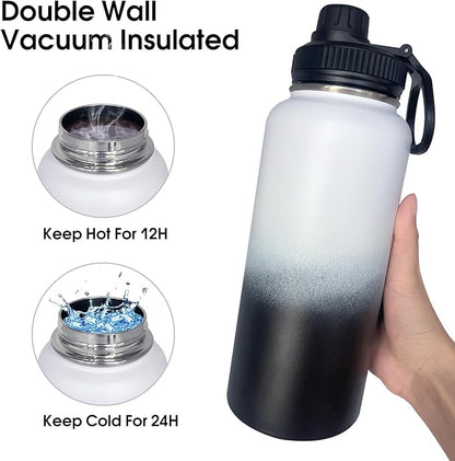 4pack 32 oz Insulated Water Bottle With Straw, Stainless Steel Sports Water Cup Flask with 2 Lids, Wide Mouth Travel Thermal Mug,Black white