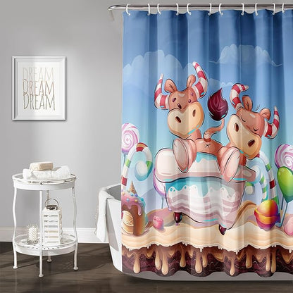 AILONEN Cute Cow Kids Shower Curtain 72" W*96" H Cartoon Candy Printed Shower Curtain Boys Girls Children Bathroom Curtain Decor Polyester Waterproof Curtain with 12 Hooks