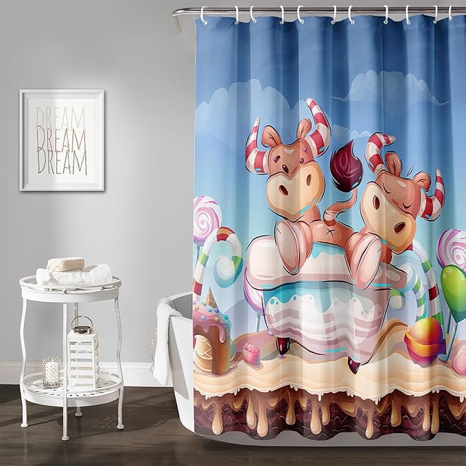 AILONEN Cute Cow Kids Shower Curtain 48" W*72" H Cartoon Candy Printed Shower Curtain Boys Girls Children Bathroom Curtain Decor Polyester Waterproof Curtain with 12 Hooks