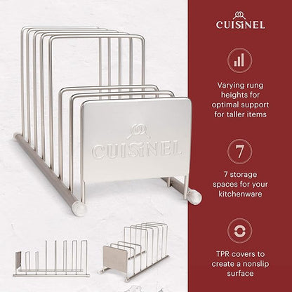 Cuisinel Lid and Dish Organizer Rack - Satin Nickel Silver Kitchen Storage Organization Stand - Plate Holder, Pan/Pot Covers, Cutting Board and Cookie Sheet Divider - 7-Tier Cabinet/Counter Display