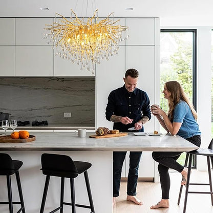 31.5 Inch Modern Crystal Chandeliers,10-Light Gold Tree Branch Chandelier Hanging Light Fixtures,Raindrop Chandeliers for Dining Room,Living Room