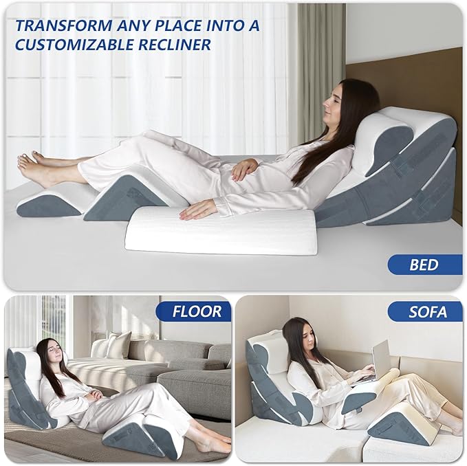 6PCS Orthopedic Bed Wedge Pillow for Sleeping, Gel Memory Foam Post Surgery Pillow Set for Back, Neck, Leg Support, Acid Reflux, Gerd, Anti Snoring, with Washable Cover & Travel Bag (White, 20'' Wide)