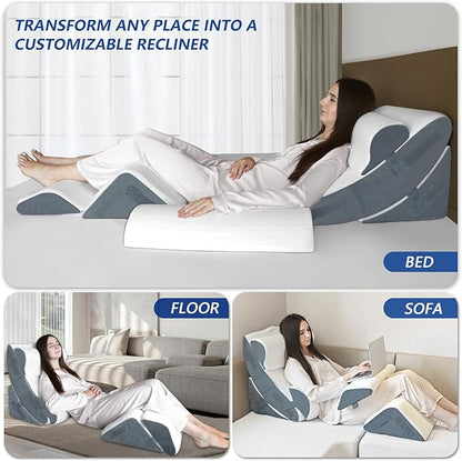 6PCS Orthopedic Bed Wedge Pillow for Sleeping, Gel Memory Foam Post Surgery Pillow Set for Back, Neck, Leg Support, Acid Reflux, Gerd, Anti Snoring, with Washable Cover & Travel Bag (White, 20'' Wide)