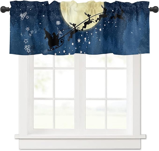 Christmas Valance Kitchen Curtains for Windows, Santa Claus Reindeer Rod Pocket Valances Window Treatments Blue Snowy Night Short Curtains for Bedroom/Living Room, 54" X 18" -1 Panel