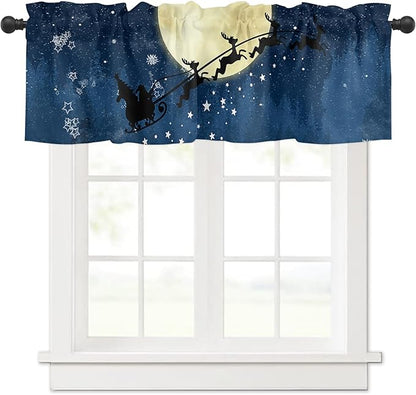 Christmas Valance Kitchen Curtains for Windows, Santa Claus Reindeer Rod Pocket Valances Window Treatments Blue Snowy Night Short Curtains for Bedroom/Living Room, 54" X 18" -1 Panel