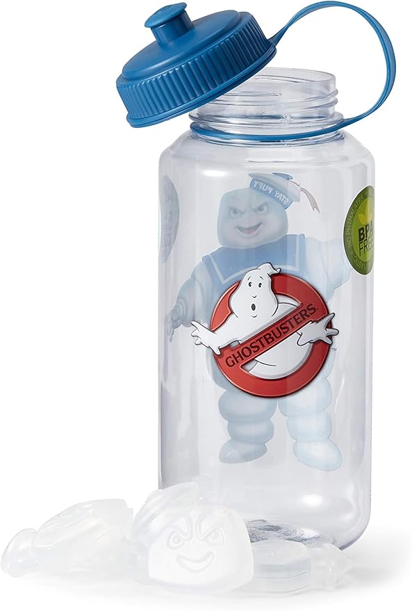 JUST FUNKY Official Ghostbusters Stay Puft Water Bottle - 32-Ounce Clear Container with Blue Lid and Ice Cube Molds - Features Giant Marshmallow Man and Film Logo - Licensed Franchise Merchandise