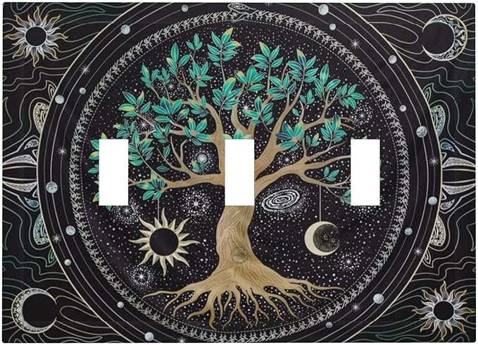 Tree of Life Blackground 3 Gang Light Switch Plate Decorative Hippie Sun Moon Star Triple Toggle Wall Plate Cover Electrical Faceplate Switchcover for Bathroom Bedroom Livingroom Art Panel Decor