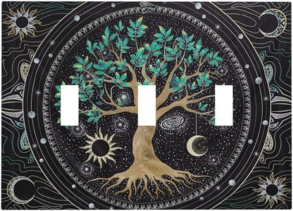 Tree of Life Blackground 3 Gang Light Switch Plate Decorative Hippie Sun Moon Star Triple Toggle Wall Plate Cover Electrical Faceplate Switchcover for Bathroom Bedroom Livingroom Art Panel Decor