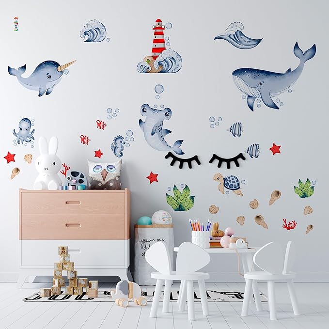 Ocean Wall Decals for Kids by Lipastick - Sea Kids Wall Stickers - Creative Nursery Wall Decal for Children – Nautical Vinyl Wall Decal Whale Shark Octopus Turtle Lighthouse S Size