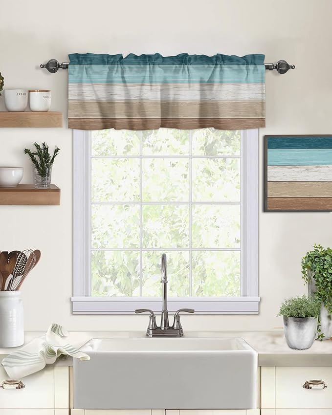 Farmhouse Kitchen Curtains Valances for Windows ,Teal Blue Brown Beach Rod Pocket Country Window Treatment for Kitchen /Living Room/Bedroom/ Bathroom,60" X 18" -1 Panel, Retro Rustic Barn Wood Texture