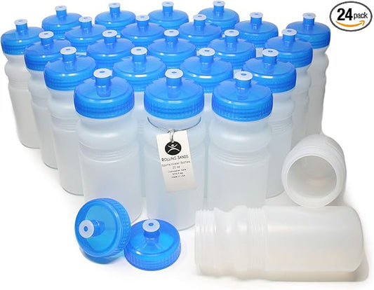 Rolling Sands 20 Ounce Sports Water Bottles 24 Pack, BPA-Free, Made in USA, Dishwasher Safe, Clear Frost Bottles/Blue Lids