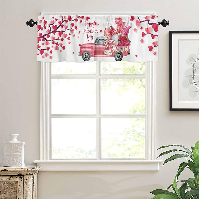 Happy Valentine's Day Valances Kitchen Curtains for Windows,Valentines Gnomes Farmhouse Trucks Rod Pocket Valances Pink Hearts Tree Decor Short Curtains for Bedroom/Living Room,54" X 18" -1 Panel