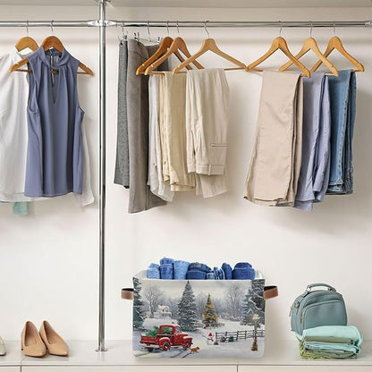 Christmas Tree Red Truck Storage Basket Fabric Laundry Baskets Winter Snowman Snowflake Golden Retriever Dog Storage Boxes Organizer Bag for Cloth Toy Book Storage Cubes Shelf Closet Bins 16×12×8