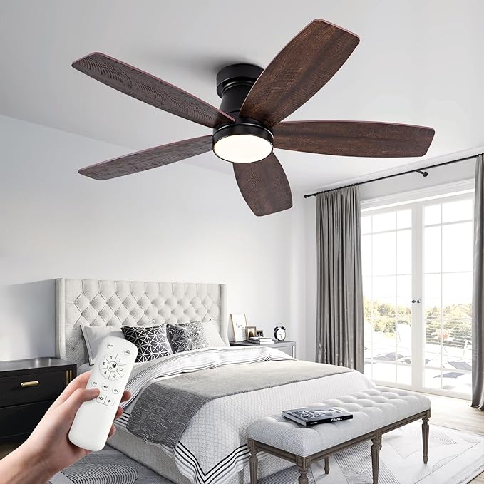 42 inch Ceiling Fans with Lights and Remote,Flush Mount Black Ceiling Fan,Memory Fuction Reversible Quiet DC Motor Low Profile Ceiling Fans For Living Room Bedroom Indoor Outdoor(Black&Walnut)