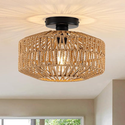 MAYNA Rattan Ceiling Light Fixture, Hand-Woven Boho Light Fixtures Ceiling Mount, Rattan Flush Mount Ceiling Light for Farmhouse Hallway Bedroom Kitchen Entryway Living Room (Black)
