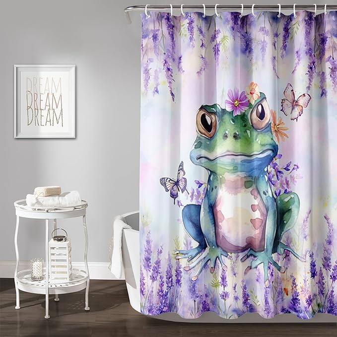 AILONEN Frog Shower Curtain, Tie Dye Lavender Flower Bath Curtain,Tie Dye Frog Bathroom Curtain Decor,Cute Frog Polyester Waterproof 72" W*84" H Shower Curtain (12 Hooks)