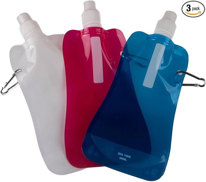 Clever Creations Collapsible Sports Water Bottle 3 Pack, Foldable Leak Proof Travel Bottles for Camping and Hiking, 480 mL Capacity, Blue, Pink, and White