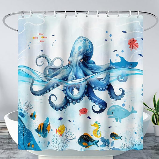 AILONEN Blue Octopuses Shower Curtain Set, Cartoon Octopus Creature Waterproof Fabric Shower Curtain,Ocean Animal Cloth Bath Curtain,Watercolor Blue Shower Curtain Liner with Hooks,48" Wx72 H