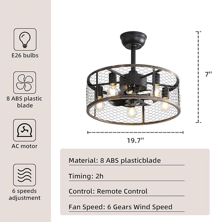 20" Caged Ceiling Fans with Lights and Remote & APP Control,E26 2700K Warm Lighting,6 Wind Speeds with Reverse Mode.Retro Chandeliers for Dining Room with Fan (Black)