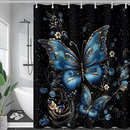 AILONEN Butterfly Shower Curtain for Bathroom, Blue Butterfly Waterproof Shower Curtain,Modern Fashion Minimalist Shower Curtain Bathroom Decor with 12 Plastic Hooks 48" W*72" H