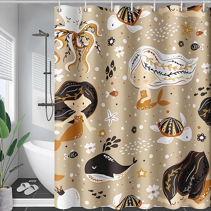 AILONEN Mermaid Shower Curtain,Octopus Whale Retro Mermaid Bath Curtain,Ocean Beach Polyester Waterproof for Bathroom,48" W*72" H with 12 Plastic Hooks