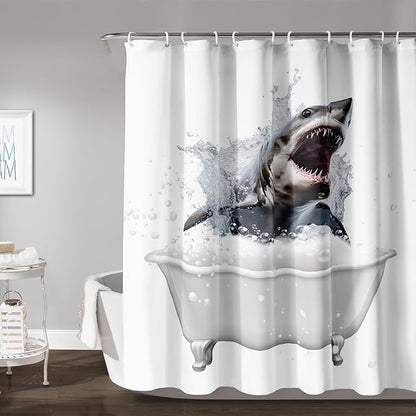 AILONEN 3D Bathtub Shark Shower Curtain for Kids 180 * 200 Inch,Fierce Shark in a Bathtub Shower Curtain,12 Pack Hooks Polyester Waterproof Fabric Decor for Bathroom Bathtub Panels