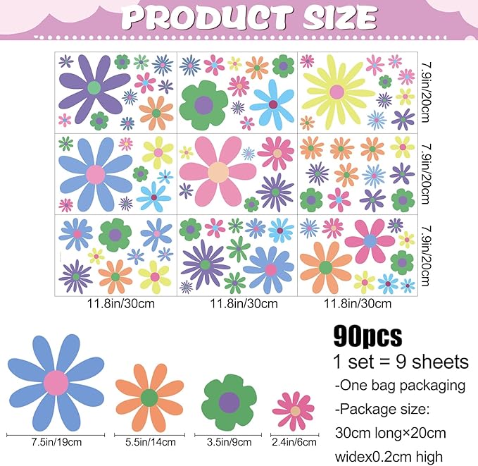 Amaonm 12 Sheets Large Daisy Wall Decals DIY Boho Sunflower Wall Stickers Peel and Stick Colorful ins Daisy Floral Wall Decor for Nursery Little Girls Teens Bedroom Living Room (9 Sheets of 90pcs)