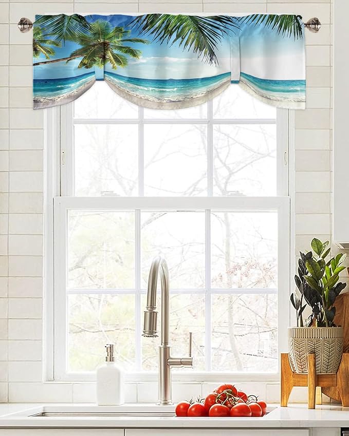 Palms Tree Ocean Blackout Tie Up Valance Curtains for Kitchen Windows Tropical Sea Window Toppers Balloon Shades for Living Room/Bathroom/Bedroom,1 Panel,60" X 18" Beach Theme