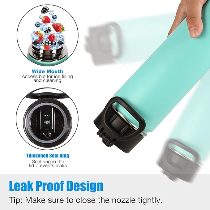 Volhoply 24oz Insulated Water Bottle With Straw Bulk 8 Pack,Metal Wide Mouth Water Bottles With Handle Lid Keep Cold,Reusable Double Wall Thermos,Powder Coated Sport Bottle For Holder(Mint,8 Count)