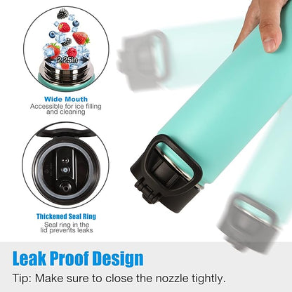 Volhoply 24 Ounce Insulated Water Bottle With Straw Lid,Stainless Steel Wide Mouth Sport Bottles With Handle,Double Wall Vacuum Thermos keep Cold,Reusable Travel Thermal Cups For Holder,Gym(Mint,1)