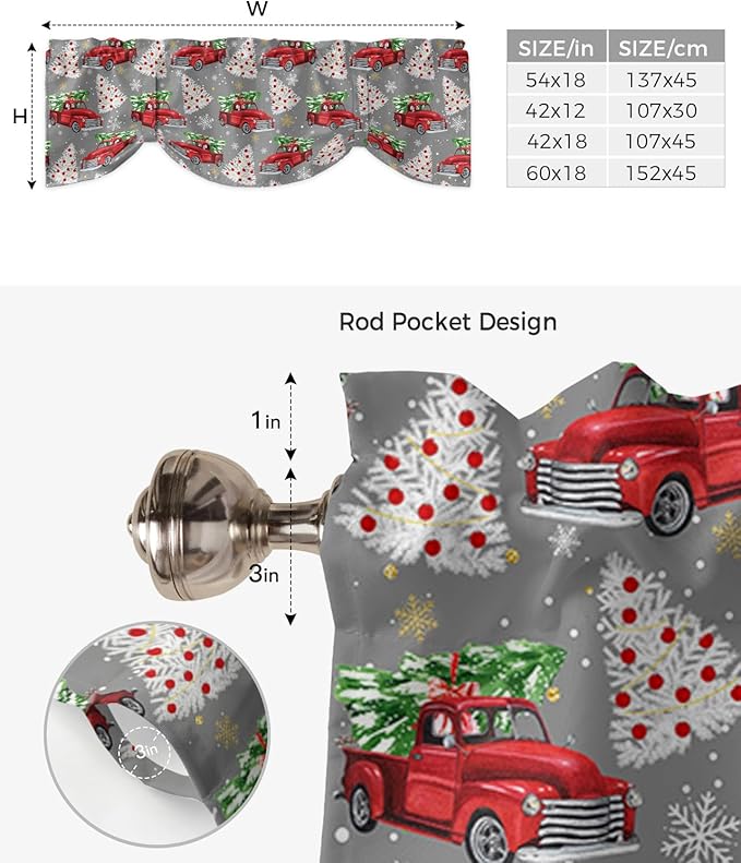 Red Truck Christmas Blackout Tie Up Valance Curtains for Kitchen Windows Merry Christmas Tree Window Toppers Balloon Shades for Living Room/Bathroom/Bedroom,1 Panel, 54" X 18", Winter Snowflake Grey