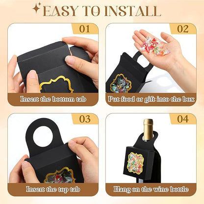 40PCS Wine Bottle Box with Window, Megitzuu Kraft Paper Wine Boxes for Gifts Hanging Wine Treat Box Mini Charcuterie Boxes Empty Champagne Bottles Gold Foil Gift Box Hanger Candy Box for Party (Black)